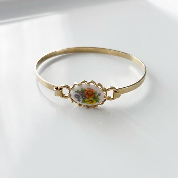 Vintage Avon Ceramic Floral Bangle Bracelet Gold Tone - Picture 2 of 11